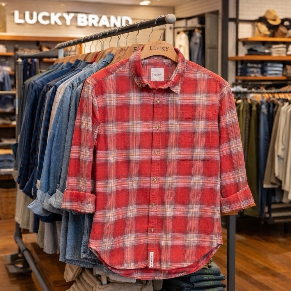 Lucky Brand Red Plaid Flannel Shirt Men's L Distressed Workwear Cotton Unisex